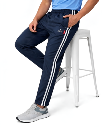 Degan Sport Navy Blue Track Pants for Men, Taiwan Lycra 4-Way Stretch Lower, Athletic Gym Workout Joggers with White Side Stripes, Slim Fit Sports Trousers, Premium Micro-Textured Apparel.