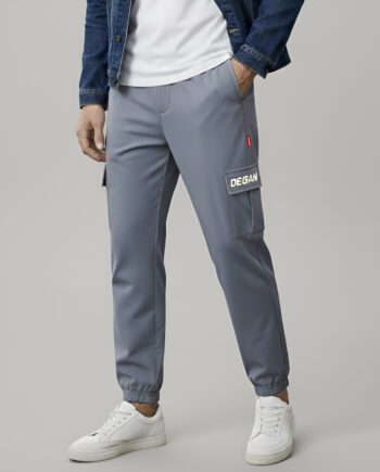 Man wearing slate grey slim-fit cargo jogger trousers with elastic cuffs, side cargo pocket detail, and white sneakers on a neutral background.