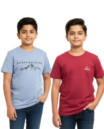 Two boys wearing dark blue jeans and crew neck T-shirts, one in a light blue tee with “DEGAN ORIGINAL” mountain graphic print and the other in a red solid tee with a small chest logo, standing against a plain background.